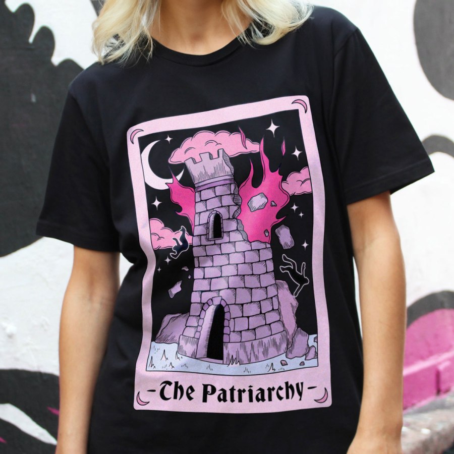 Image of The Patriarchy Tarot T-Shirt from The Spark Company. Celebrate International Women’s Day with The Spark Company. Badass feminist apparel. Petrify the Patriarchy with The Spark Company affiliated with SpookyMrsGreen.com mindful parenting and modern pagan lifestyle blog.