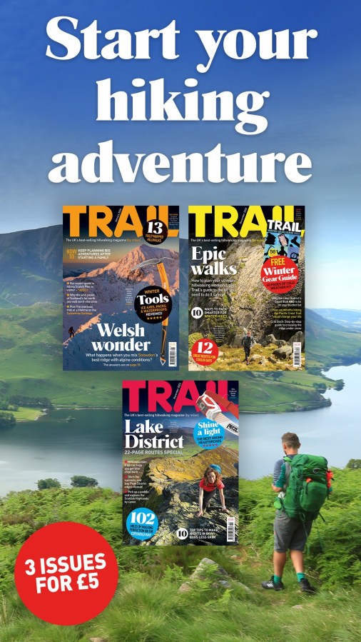 Colourful image of Trail magazine front covers. Text reads, "Start your hiking adventure with three issues for five pounds.” Trail magazine from Great Magazines affiliated with SpookyMrsGreen.com mindful parenting and modern pagan lifestyle blog.