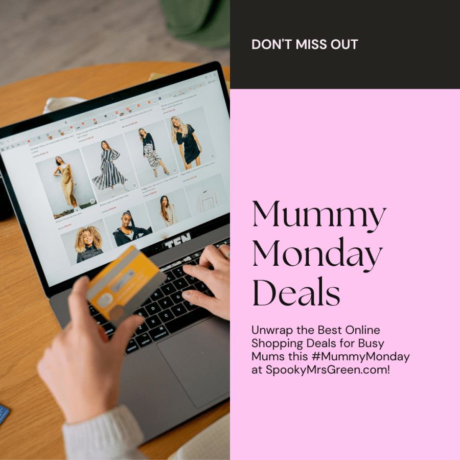 Pink background with an image of a mum browsing online shops on her laptop and holding a credit card. Text reads, “Mummy Monday Deals. Unwrap the Best Online Shopping Deals for Busy Mums this #MummyMonday at SpookyMrsGreen.com!”