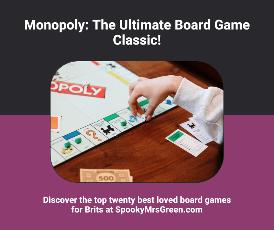 Image of a person playing the Monopoly board game. Text reads, “Monopoly: The Ultimate Board Game Classic! Discover the top twenty best loved board games for Brits at SpookyMrsGreen.com.” Poll conducted by HolidayCottages.co.uk affiliated with SpookyMrsGreen.com mindful parenting and modern pagan lifestyle blog.