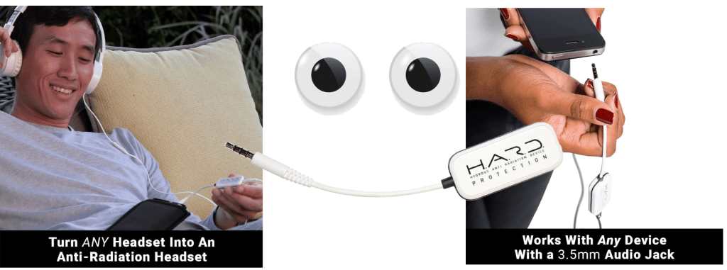 Image of a man smiling and wearing headphones while holding an SYB H.A.R.D device attached to his cell phone. Image of a woman holding the cable for the SYB H.A.R.D device and demonstrating where it plugs in to your phone. Text reads, “Turn any headset into an anti-radiation headset. Works with any device with a 3.5mm audio jack.” Shield Your Body affiliated with SpookyMrsGreen.com mindful parenting and modern pagan lifestyle blog.