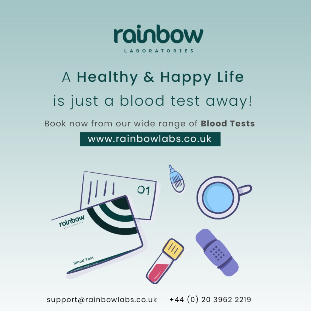 Text reads, “Rainbow Laboratories. A healthy and happy life is just a blood test away! Book now from our wide range of blood tests.” Rainbow Labs blood test kits affiliated with SpookyMrsGreen.com mindful parenting and modern pagan lifestyle blog.