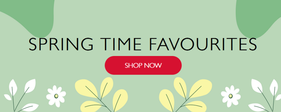 Text reads, “Spring Time Favourites. Shop now.” Green background with image of flowers and leaves. Spring Collection at English Heritage Shop affiliated with SpookyMrsGreen.com mindful parenting and modern pagan lifestyle blog.