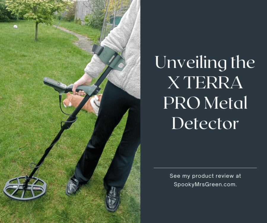 Image of a girl holding an X-TERRA PRO Treasure Detector by Minelab in a garden with a Staffy X dog behind her. Text reads, “Unveiling the X TERRA PRO Metal Detector. See my product review at SpookyMrsGreen.com.” Mindful parenting and modern pagan lifestyle blog.