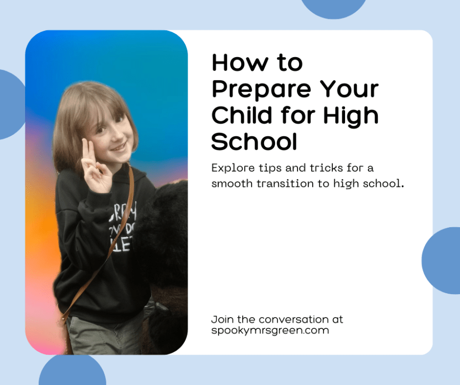 Colourful image of a girl smiling and making the peace sign with her fingers. Text reads, “How to Prepare Your Child for High School. Explore tips and tricks for a smooth transition to high school. Join the conversation at spookymrsgreen.com.” Mindful parenting and modern pagan lifestyle blog.