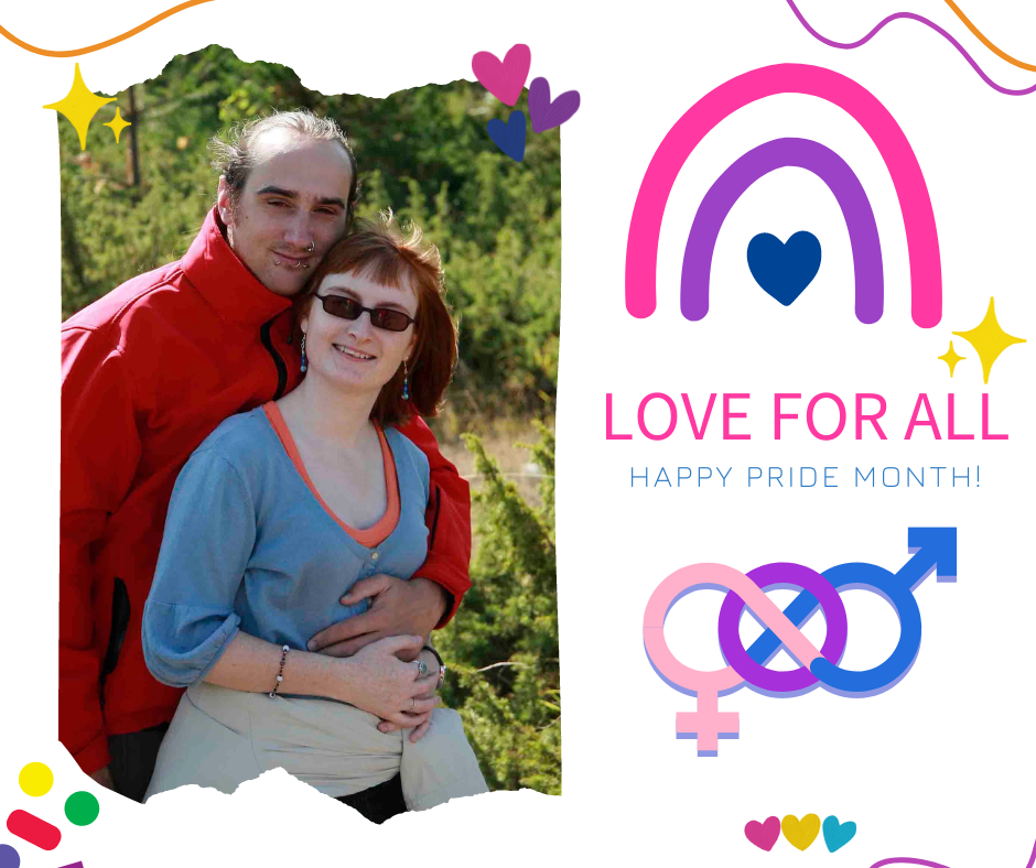 Colourful image with the bisexual pride rainbow and bi positive symbol, bi flag colours love hearts. Photo of LGBT fantasy book writer Catherine Green and her bisexual husband Daniel Green. Text reads, “Love for All. Happy pride month!” Mindful parenting and modern pagan lifestyle blog.