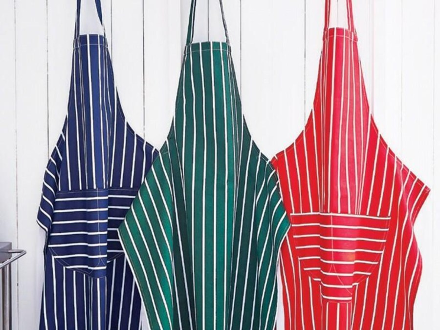 Image of 100 per cent cotton bib and butcher aprons in red and white, green and white and blue and white stripe colours from The Towel Shop affiliated with SpookyMrsGreen.com mindful parenting and modern pagan lifestyle blog.