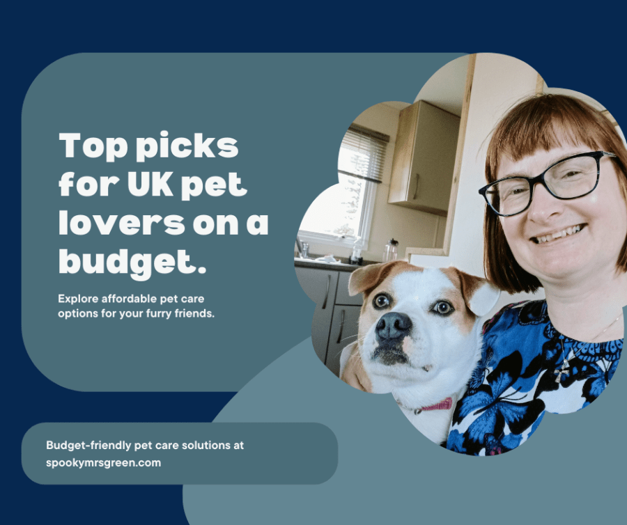 Image of Catherine SpookyMrsGreen with her rescue dog Marley the Staffy cross. Text reads, “Top picks for UK pet lovers on a budget. Explore affordable pet care options for your furry friends. Budget-friendly pet care solutions at spookymrsgreen.com.” Pets Villa best-selling pet products UK affiliated with SpookyMrsGreen.com mindful parenting and modern pagan lifestyle blog.