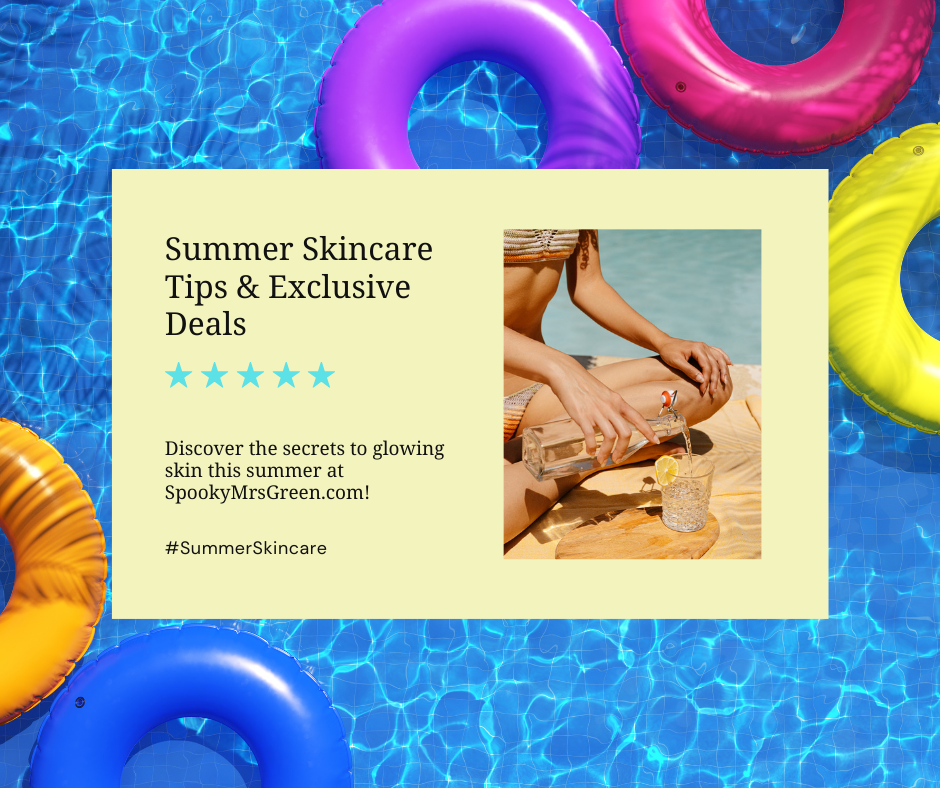 Colourful image of a swimming pool with floaties, and a woman sitting on a beach wearing a bikini pouring water into a glass. Text reads, “ Summer Skincare Tips & Exclusive Deals. Discover the secrets to glowing skin this summer at SpookyMrsGreen.com! #SummerSkincare.” Discount codes for Allies of Skin, Happy Paul UK, Skin Choice, Spotlight Oral Care, Smile Therapy and Kuddly affiliated with SpookyMrsGreen.com mindful parenting and modern pagan lifestyle blog.