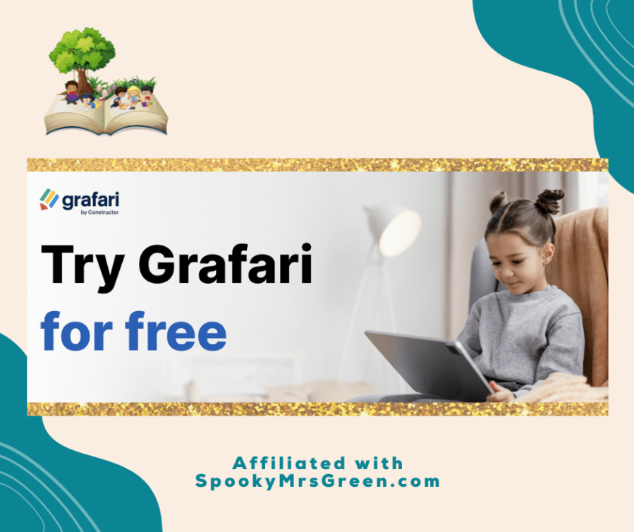 Image of a girl sitting on a sofa with a laptop. Image of an open book and a tree with children standing on the pages. Text reads, “Try Grafari for free. Affiliated with SpookyMrsGreen.com.” Grafari award-winning educational app for kids aged 6-10 from Constructor affiliated with SpookyMrsGreen.com mindful parenting and modern pagan lifestyle blog.