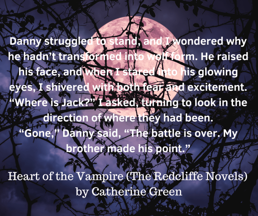 Image of a full moon seen through trees on a dark night. Excerpt from LGBT fantasy book "Heart of the Vampire (The Redcliffe Novels)" by vampire writer Catherine Green. #RedcliffeNovels.