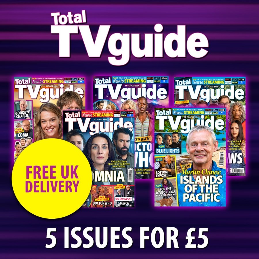 Text reads, “Total TV Guide five issues for five pounds. Free UK delivery.” Colourful image of Total TV Guide magazine from Great Magazines affiliated with SpookyMrsGreen.com mindful parenting and modern pagan lifestyle blog.