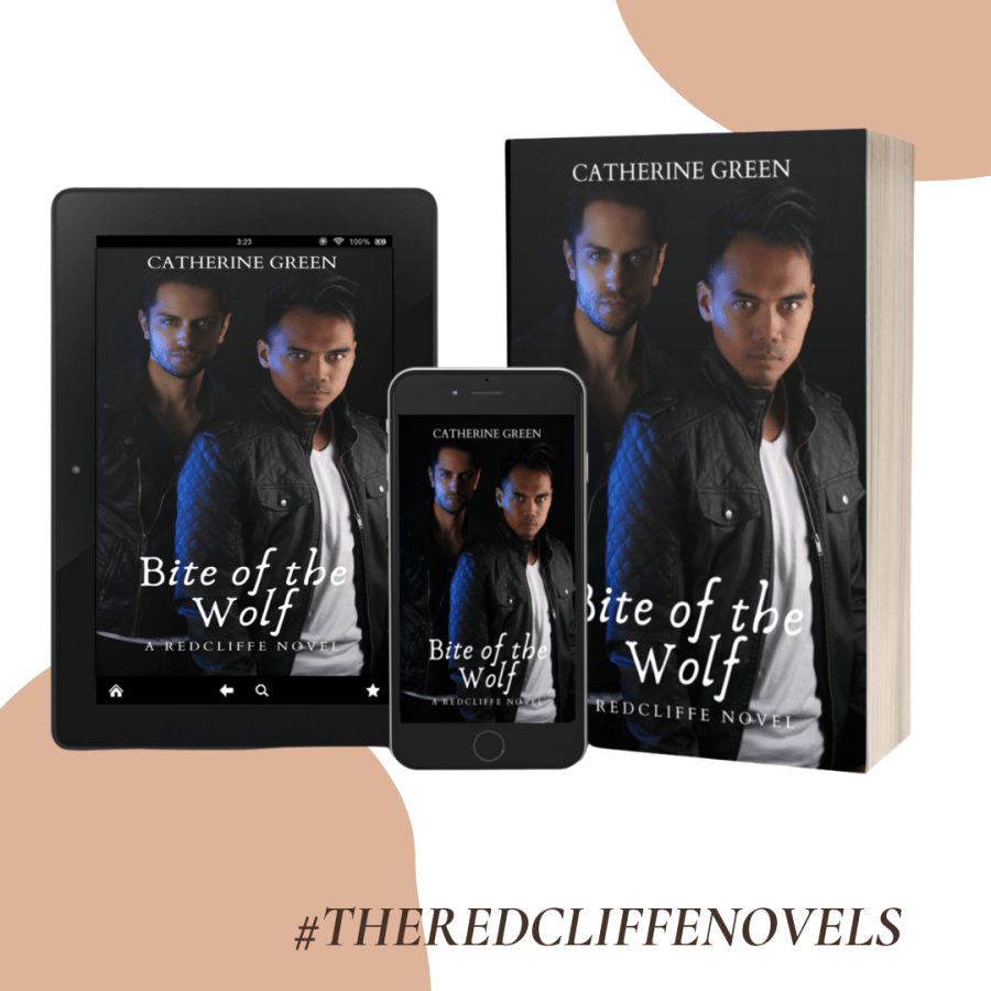 Image of two sexy dark-haired men wearing black leather jackets, staring at the viewer, and looking mysterious. 3D book cover image for "Bite of the Wolf (A Redcliffe Novel)" from the vampire and werewolf fantasy book series by LGBT fantasy book writer Green including phone and iPad download images for tablet, iPhone, and android book readers. Hashtag polyamory hashtag bisexual books hashtag queer fiction. Bisexual pride symbol. Text reads, "British LGBT fantasy book series."