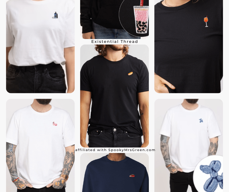 Images of ethically embroidered T-shirts embroidered sweatshirts, and embroidered hoodies. Text reads, “Existential Thread affiliated with SpookyMrsGreen.com.” Existential Thread affiliated with SpookyMrsGreen.com mindful parenting and modern pagan lifestyle blog.