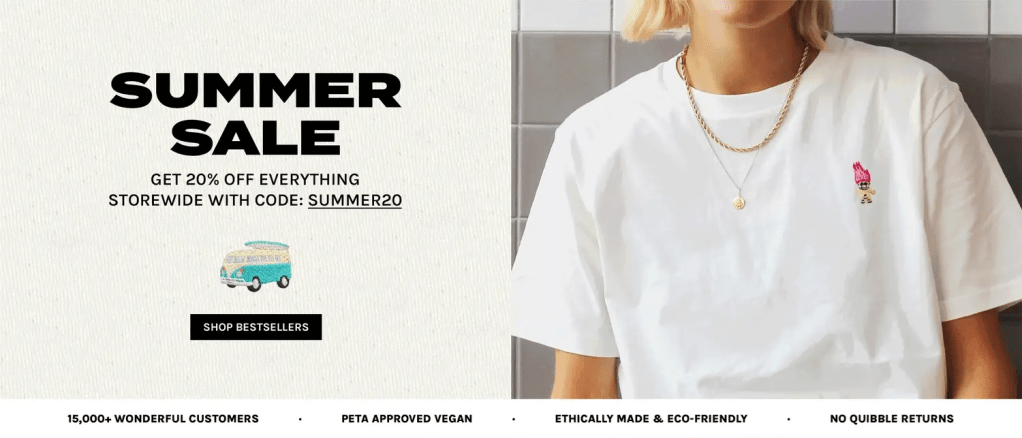 Image of a model wearing a white t-shirt with an embroidered retro toy troll design. Text reads, “Summer Sale. Get twenty per cent off everything storewide with code SUMMER20. Shop bestsellers.” Image of an embroidered camper van. Existential Thread affiliated with SpookyMrsGreen.com mindful parenting and modern pagan lifestyle blog.