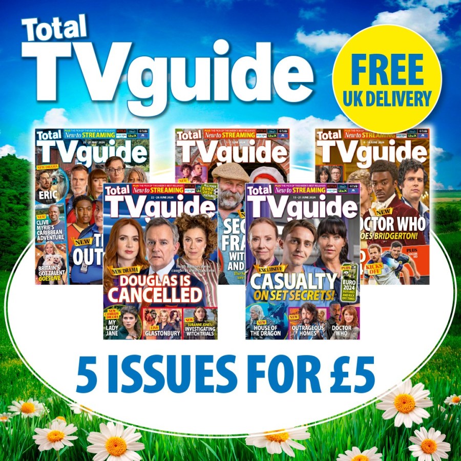 Text reads, “Total TV Guide five issues for five pounds. Free UK delivery.” Colourful image of Total TV Guide magazine from Great Magazines affiliated with SpookyMrsGreen.com mindful parenting and modern pagan lifestyle blog.