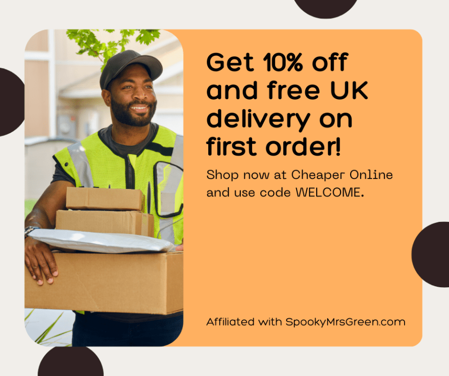 Colourful image of a delivery man carrying a pile of boxes and delivering to your door. Text reads, "Get ten per cent off and free UK delivery on first order! Shop now at Cheaper Online and use code “WELCOME.” Affiliated with SpookyMrsGreen.com.”