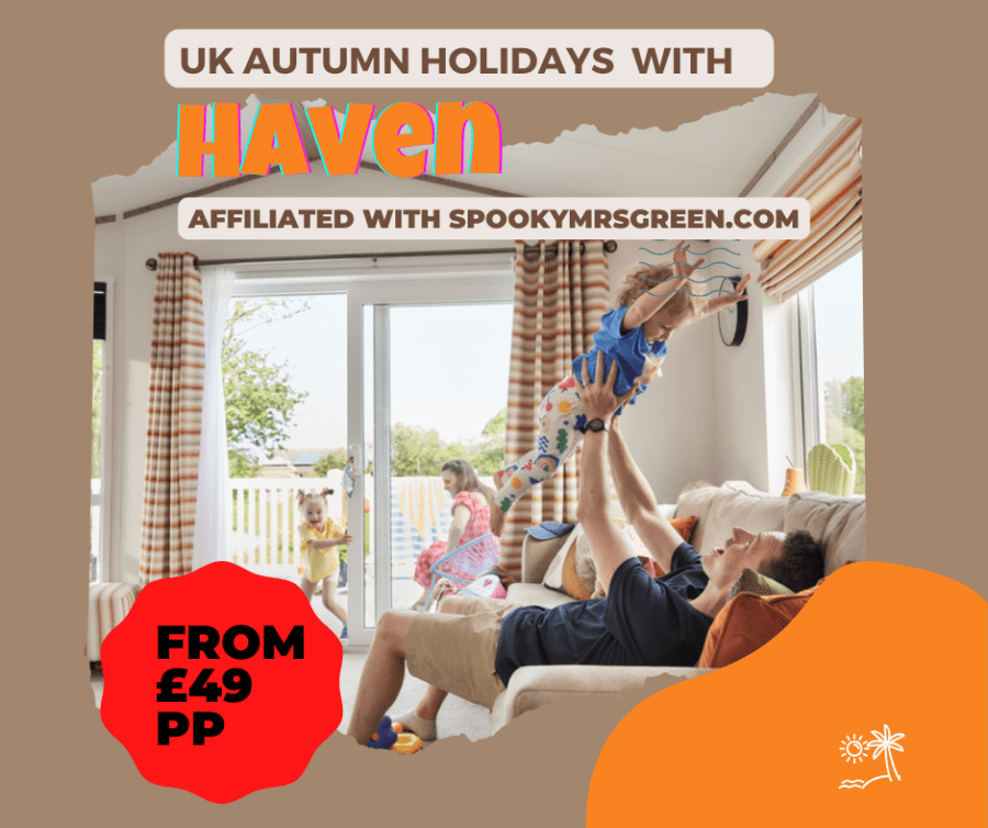 Colourful image of a family enjoying a caravan holiday at Halloween. Haven Holidays affiliated with SpookyMrsGreen.com mindful parenting and modern pagan lifestyle blog.