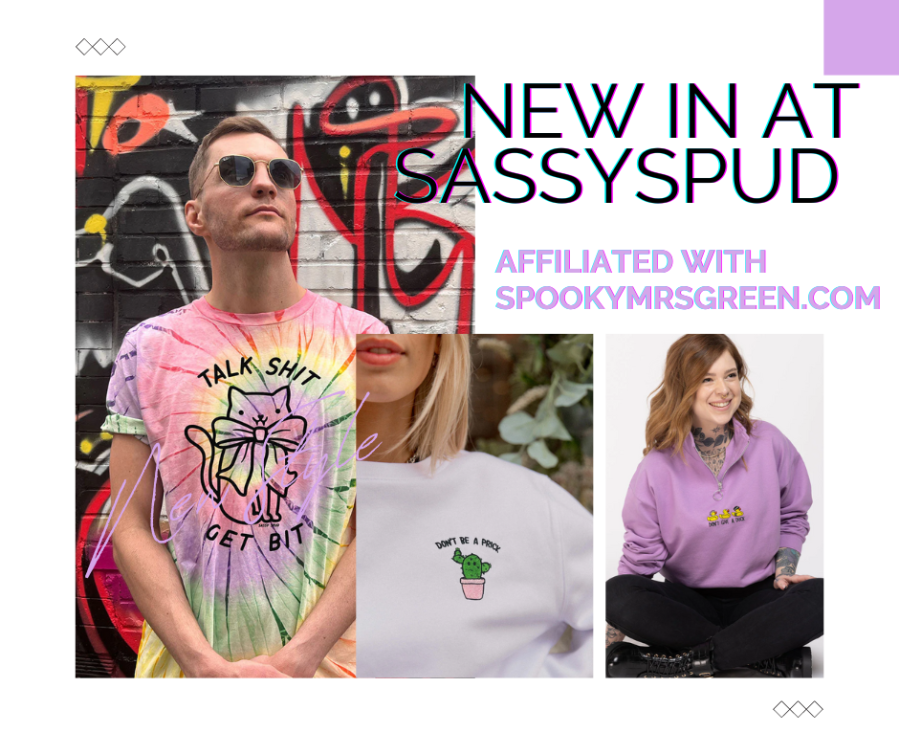 Colourful image of a man wearing a tie dye T-shirt, a woman wearing a Don’t be a Prick Sweatshirt (Unisex), and a woman wearing a purple cropped hoodie from Sassy Spud. Text reads, “New in at Sassy Spud affiliated with SpookyMrsGreen.com.” Ethically made, eco-friendly apparel vegan clothes.