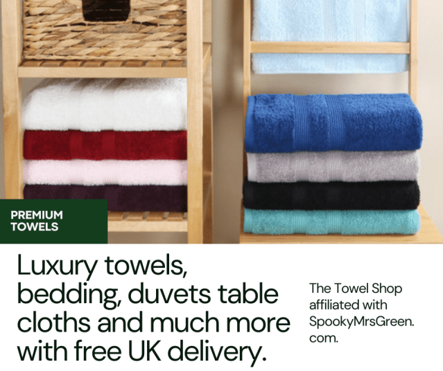 Image of Egyptian cotton bath towels. Text reads, “Luxury towels, bedding, duvets table cloths and much more with free UK delivery. The Towel Shop affiliated with SpookyMrsGreen.com.”