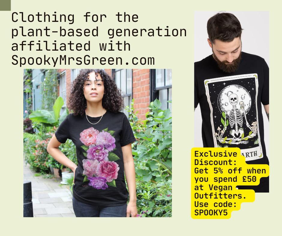 Image of a man wearing a Tarot Earth t-shirt from Vegan Outfitters and a woman wearing a black vegan hoodie. Text reads, “Clothing for the plant-based generation affiliated with SpookyMrsGreen.com. Exclusive Discount: Get five per cent off when you spend fifty pounds at Vegan Outfitters. Use code: SPOOKY5.” Vegan Outfitters affiliated with SpookyMrsGreen.com mindful parenting and modern pagan lifestyle blog.