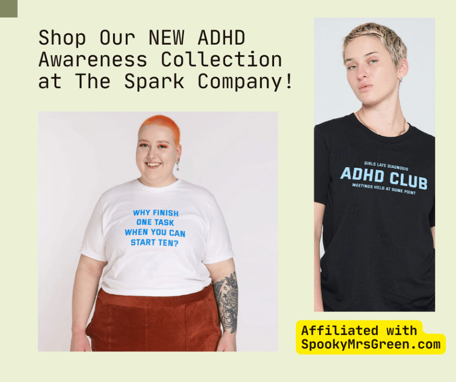 Colourful image of ADHD Awareness Collection t-shirts from The Spark Company. Text reads, “Shop Our NEW ADHD Awareness Collection at The Spark Company! Affiliated with SpookyMrsGreen.com.”