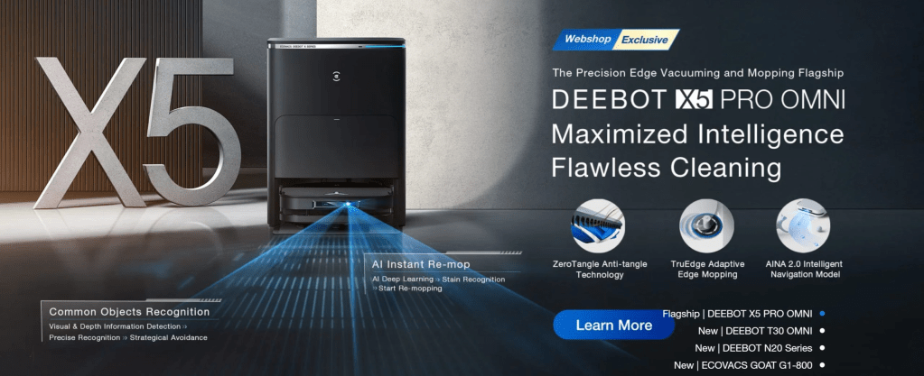 Black and white image of DEEBOT X5 PRO OMNI Black Robot Vacuum from Ecovacs affiliated with SpookyMrsGreen.com.