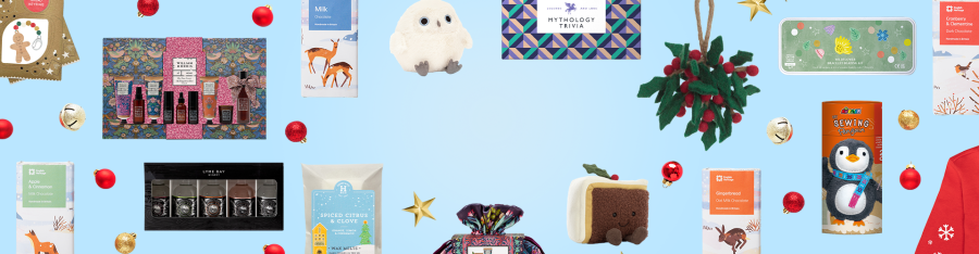 Colourful image of festive gifts, Christmas food and decor available at the English Heritage Christmas Shop affiliated with SpookyMrsGreen.com mindful parenting and modern pagan lifestyle blog.