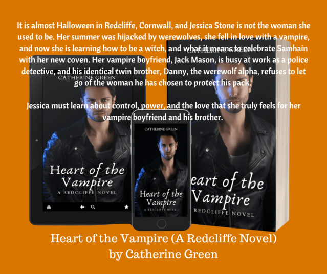 Image of a sexy dark-haired man wearing a black leather jacket, staring at the viewer, and looking mysterious. 3D book cover image for "Heart of the Vampire (A Redcliffe Novel)" from the vampire and werewolf fantasy book series by LGBT fantasy book writer Catherine Green including phone and iPad download images for tablet, iPhone, and android book readers. Hashtag polyamory hashtag bisexual books hashtag queer fiction. Bisexual pride symbol. Text reads, "British LGBT fantasy book series."