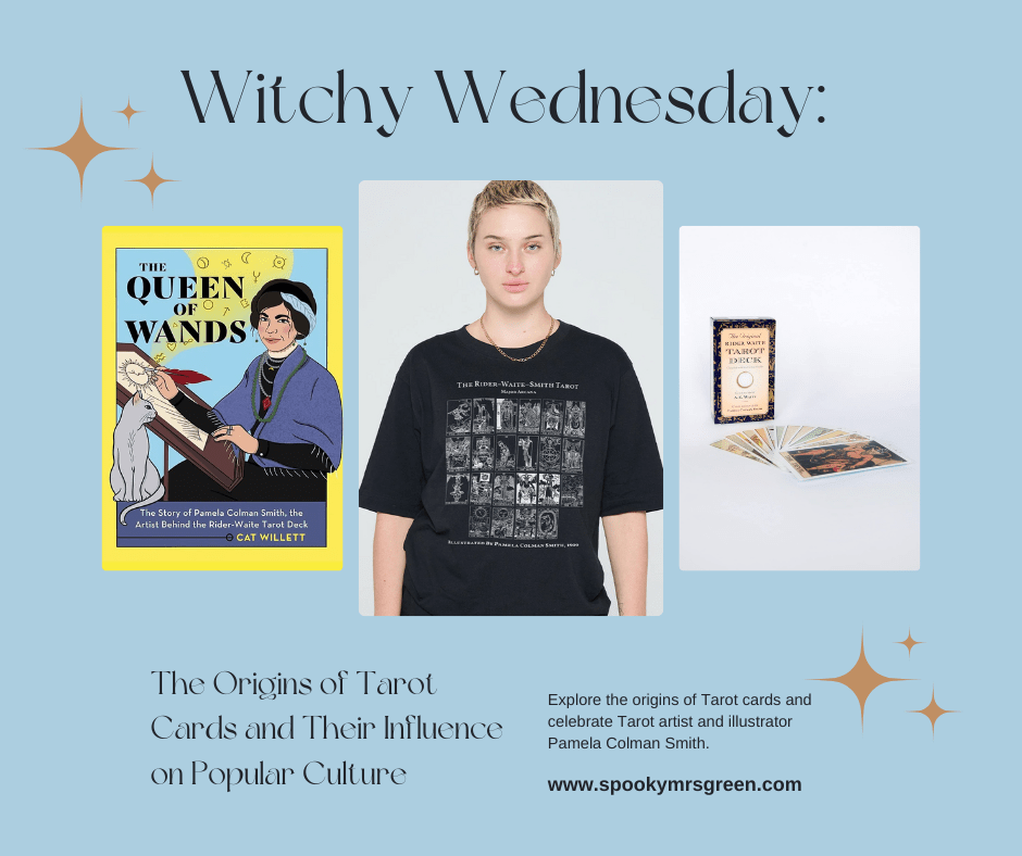 Colourful image of Rider-Waite-Smith Tarot T-Shirt from The Spark Company, “The Queen of Wands: The Story of Pamela Colman Smith, the Artist Behind the Rider-Waite Tarot Deck” illustrated Tarot book by Cat Willett and The Original Rider Waite Tarot deck at SpookyMrsGreen.com.