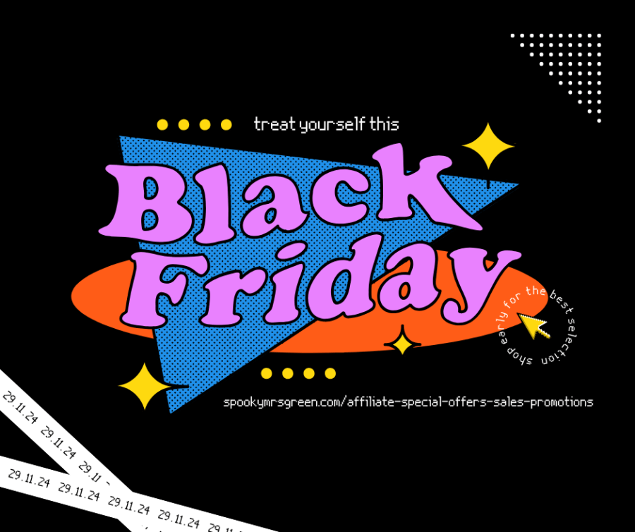 Colourful retro style image about Black Friday. Get the Best Black Friday Deals Online this November with SpookyMrsGreen.com spooky family lifestyle blog.