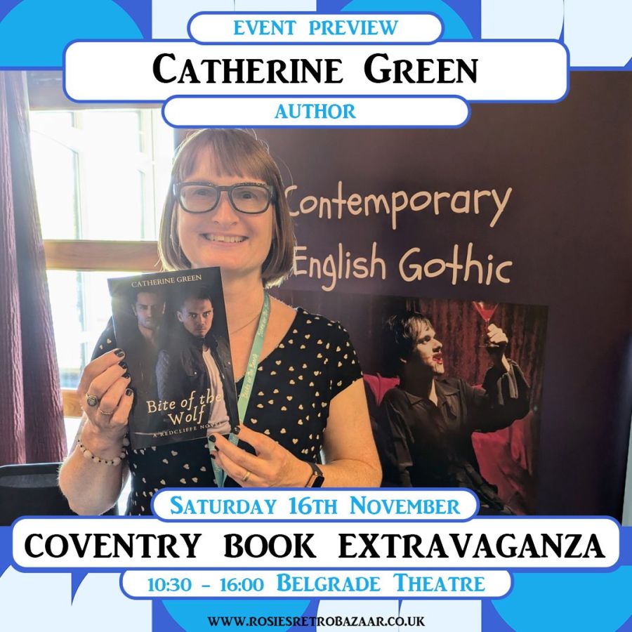 Paranormal author Catherine Green with her new book Bite of the Wolf from the Redcliffe novels paranormal menage series attending author at Coventry Book Extravaganza with SpookyMrsGreen.com spooky family lifestyle blog.