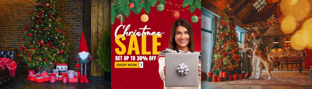 Colourful festive image of a Christmas tree with gifts wrapped in red paper and a woman holding a large Christmas gift box. Cheaper Online Christmas sale up to thirty per cent off Christmas decorations and home décor affiliated with SpookyMrsGreen.com.