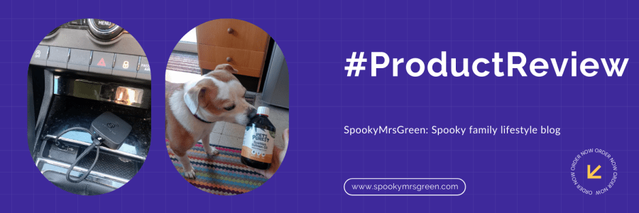 Image of Android Auto wireless device for family cars including Skoda Karoq. Image of Staffy X dog Marley with Pets Purest salmon oil supplementary dog food product. Product Reviews by Catherine Green, her family and her pets at SpookyMrsGreen.com spooky family lifestyle blog.