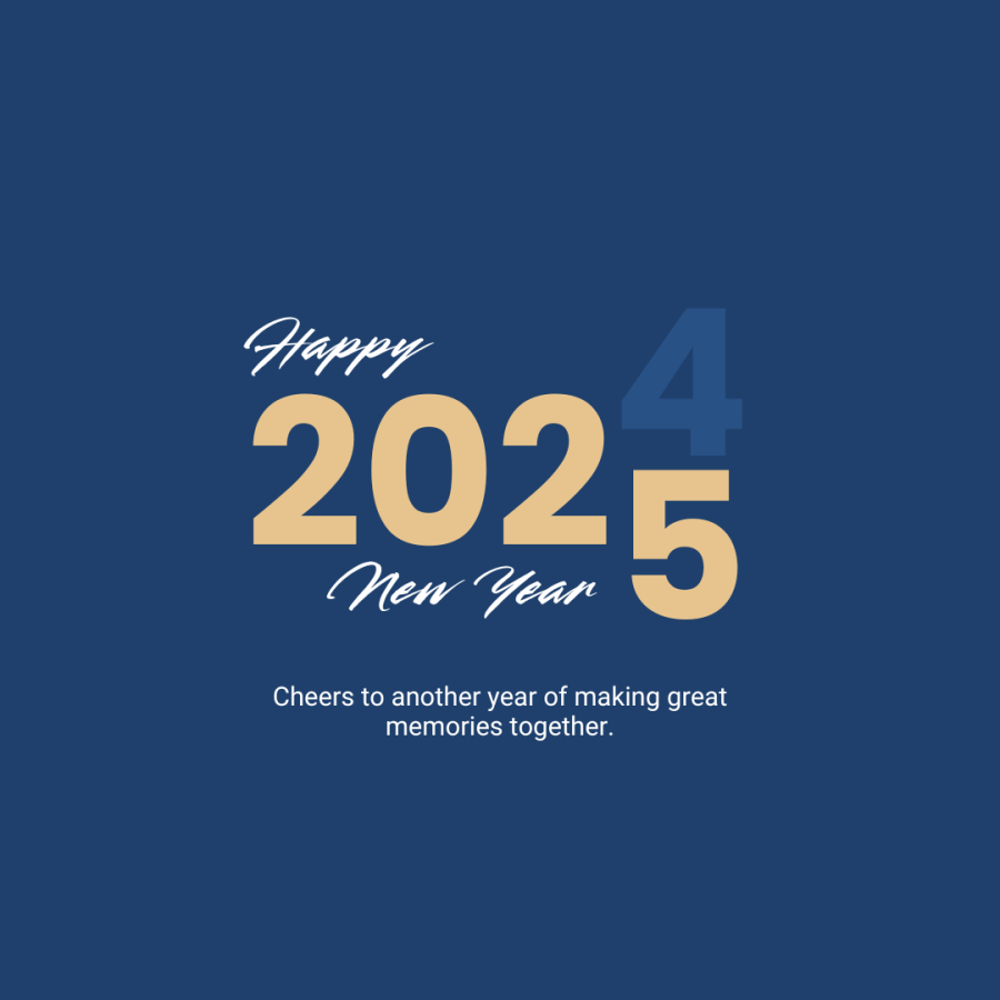 Colourful elegant blue and gold image saying Happy New Year 2025 at SpookyMrsGreen spooky family lifestyle blog.