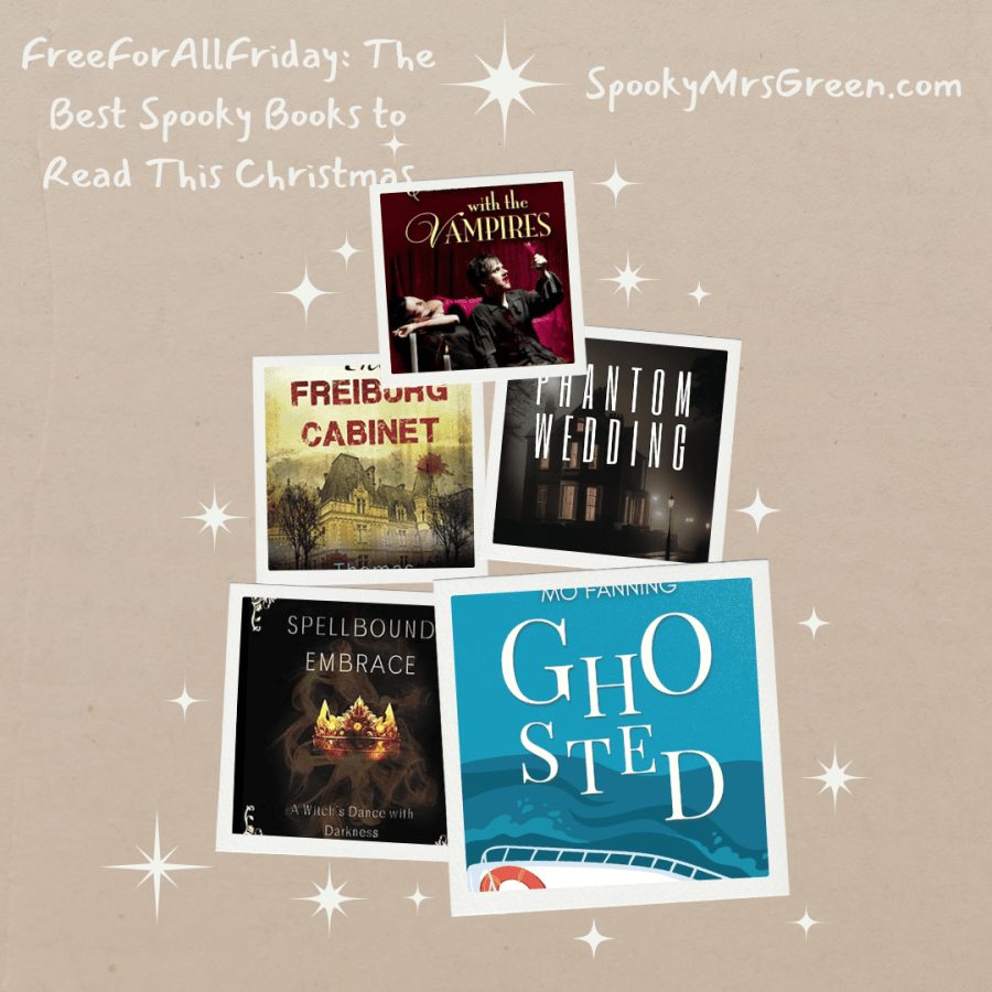 Festive image of spooky colourful book covers creating a Christmas tree with a star at the top. Text reads, “FreeForAllFriday: The Best Spooky Books to Read This Christmas. SpookyMrsGreen.com.”