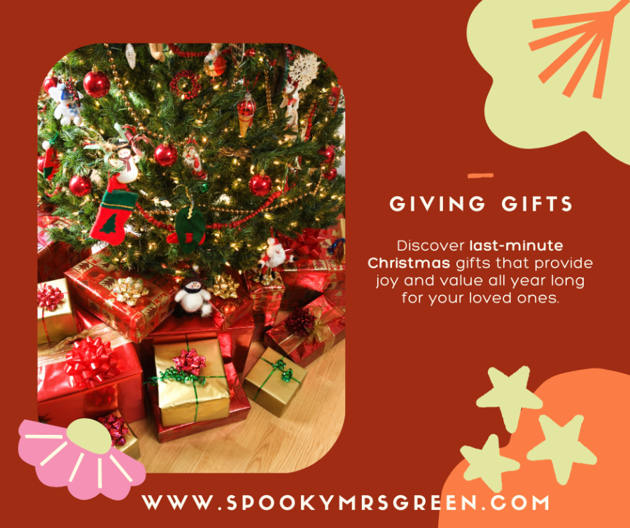Colourful festive image of a Christmas tree with wrapped gifts underneath. Last-minute Christmas gifts that keep on giving at SpookyMrsGreen.com spooky family lifestyle blog.