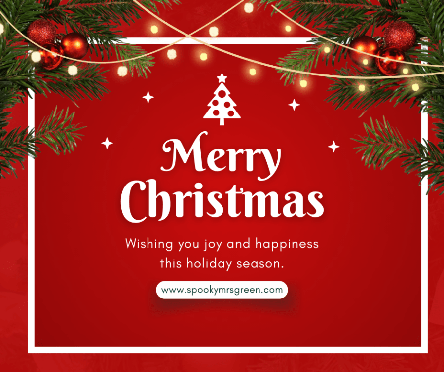 Colourful festive image with Christmas decorations in red and gold aesthetic. Merry Christmas read a Christmas poem written by my daughter at SpookyMrsGreen spooky family lifestyle blog.