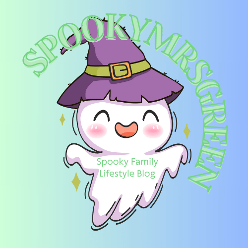 Cute image of a cartoon ghost smiling and wearing a witch's hat. Brand logo for SpookyMrsGreen.com spooky family lifestyle blog.