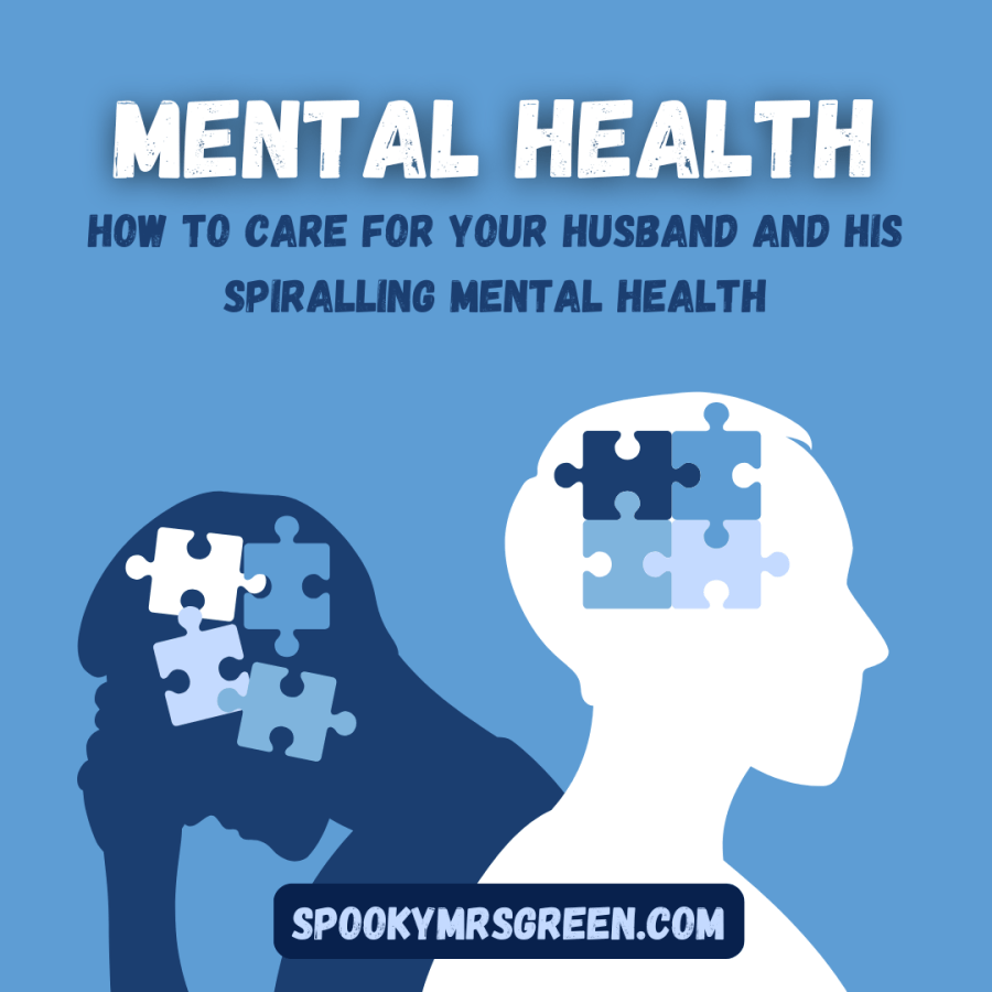 Image of two people with jigsaw pieces in their heads resembling complex mental health situations. How to care for your husband and his spiralling mental health middle aged autism diagnosis ADHD dyspraxia at SpookyMrsGreen spooky family lifestyle blog.