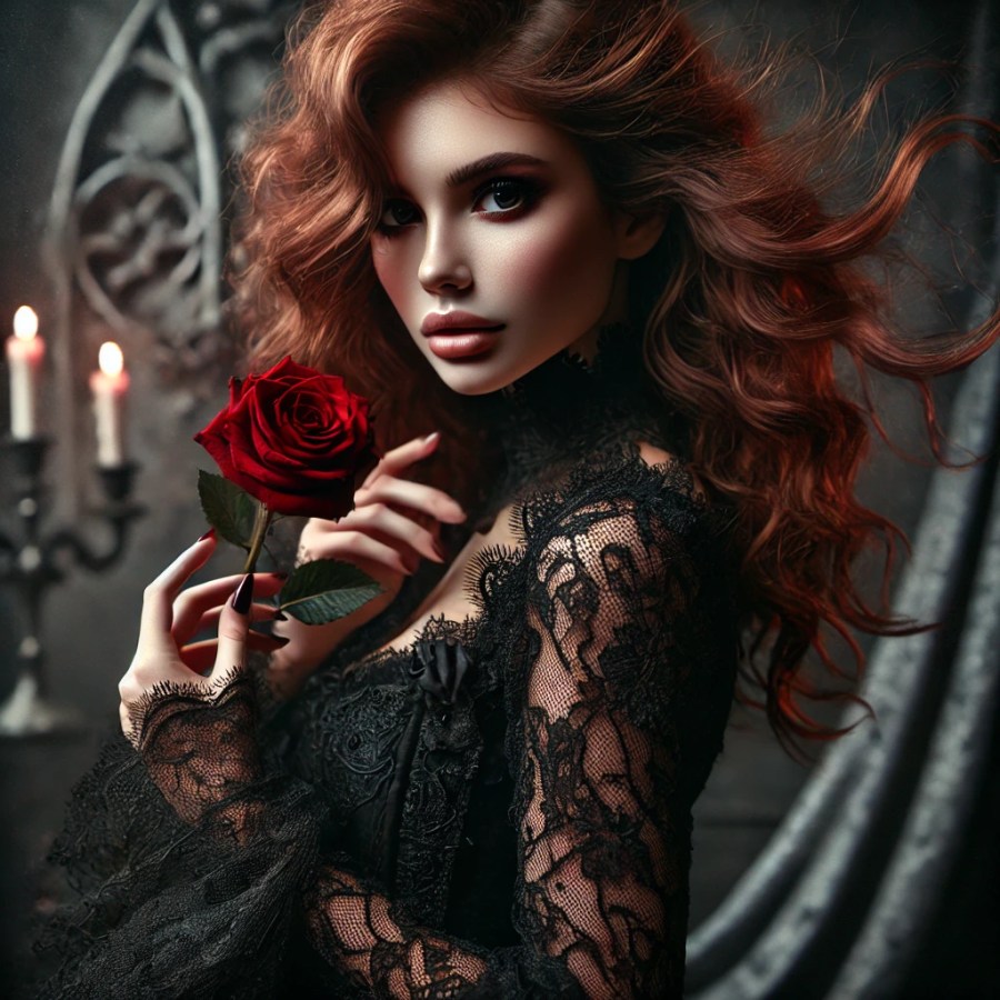 DALL·E 2025-02-04 11.46.55 - A gothic woman with flowing auburn hair in a dark, lacy dress holding a blood-red rose. Her expression is mysterious and enchanting, with deep, shadow. Witchy Wednesday: The Gothic Side of Romance at SpookyMrsGreen spooky family lifestyle blog.