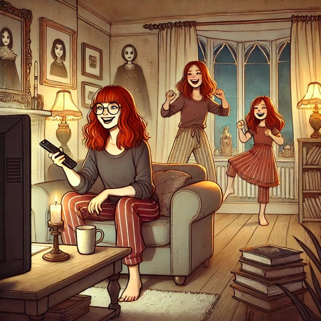 A cosy, slightly spooky living room with a mum with red hair and glasses, with shorter hair, sitting on a couch trying to watch TV. SpookyMrsGreen spooky family lifestyle blog.