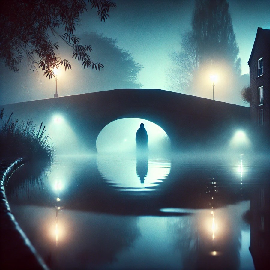 A mysterious, foggy night-time scene in Middlewich, Cheshire, with an old canal and a historic stone bridge. Soft glowing orbs of light hover near the canal suggesting that ghosts lurk in the shadows at SpookyMrsGreen spooky family lifestyle blog.