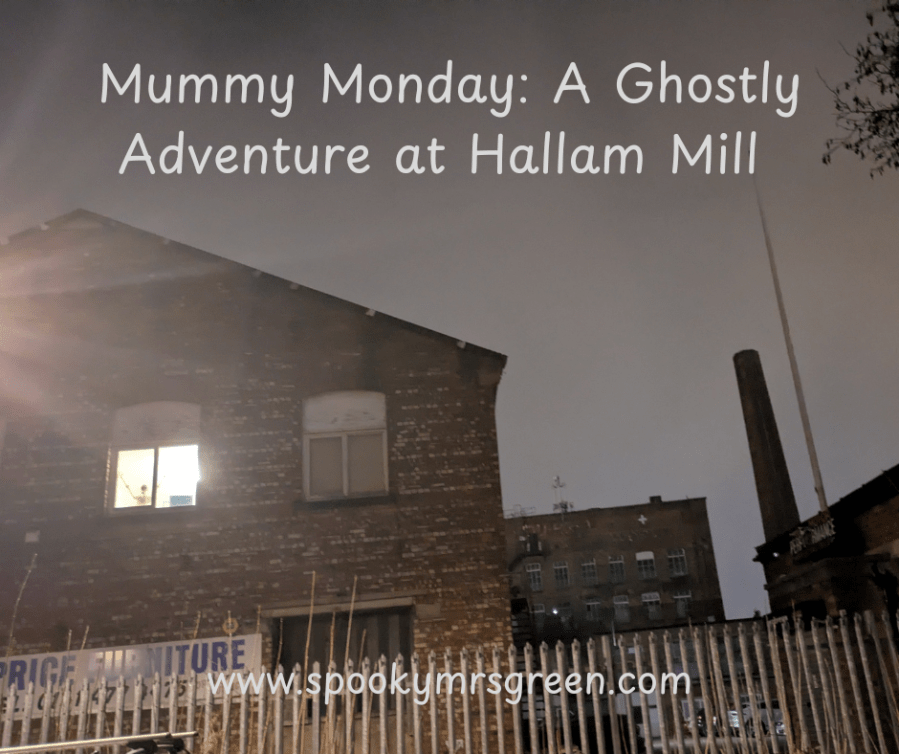 Image of Hallam Mill in Stockport, England at night with a skeleton behind an upstairs window with a light behind to illuminate it. Mill chimney, old mill building from the nineteenth century. Parked cars. Dark sky with street lights. Mummy Monday: A Ghostly Adventure at Hallam Mill at SpookyMrsGreen spooky family lifestyle blog.