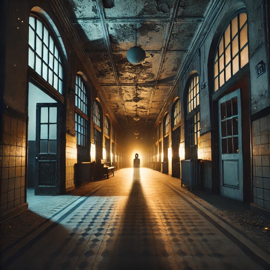 Ghost hunting at Newsham Park Hospital. A spooky abandoned hospital corridor at night, dimly lit with flickering lights. The walls are old and peeling, and shadows stretch across the floor. SpookyMrsGreen spooky family lifestyle blog.