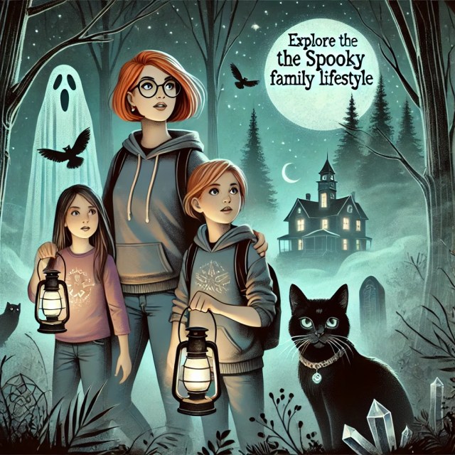 DALL·E 2025-02-05 09.29.08 - A spooky family lifestyle scene featuring a mother with auburn hair in a classic bob, wearing glasses, jeans, and a hoodie, exploring a haunted location. SpookyMrsGreen.com spooky family lifestyle blog.