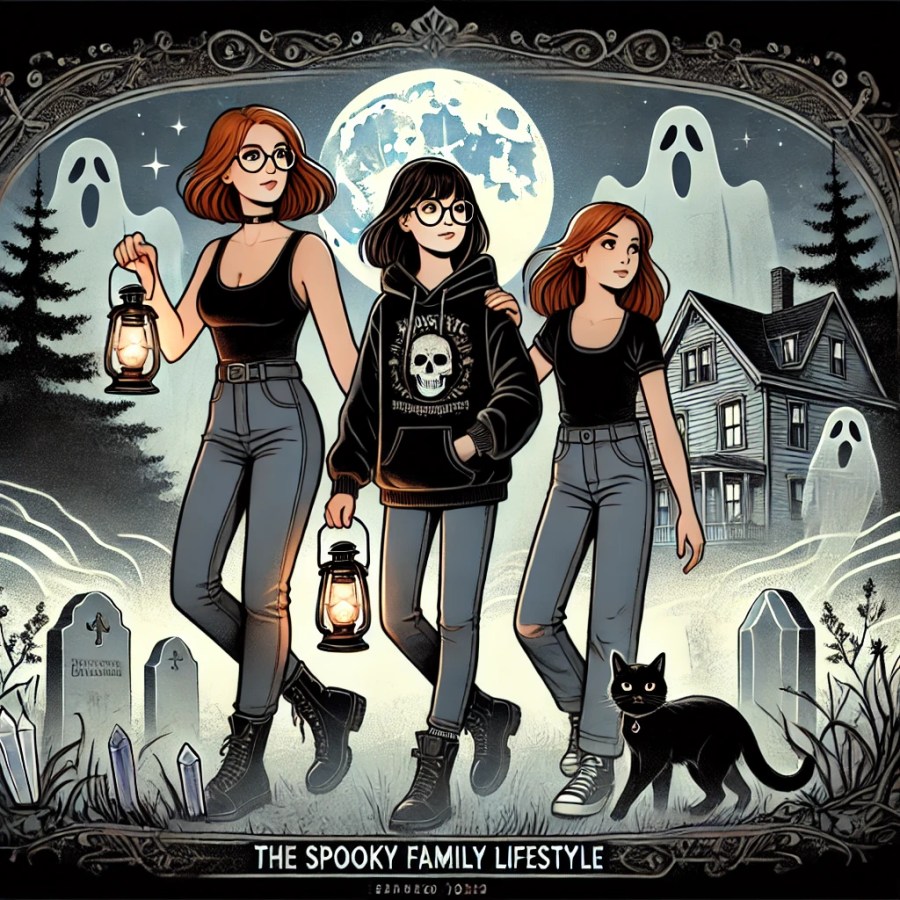 DALL·E 2025-02-05 09.35.05 - A spooky family lifestyle scene featuring a sexy Goth mother with auburn hair in a classic bob, wearing glasses, bootcut jeans, a hoodie, and boots, exploring a haunted location. SpookyMrsGreen.com spooky family lifestyle blog.