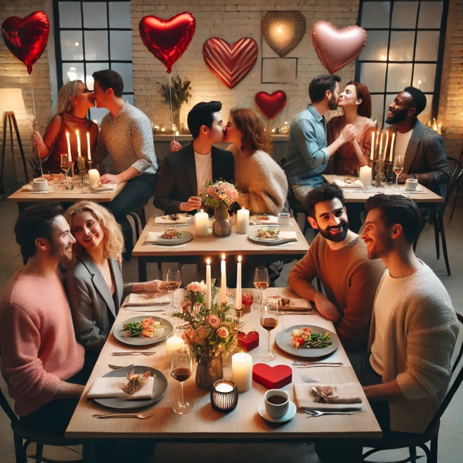 DALL·E 2025-02-11 08.44.17 - A modern and inclusive Valentine's Day celebration featuring a diverse group of people enjoying a romantic dinner together. Love Beyond Limits: Celebrating Non-Monogamous Relationships This Valentine’s Day at SpookyMrsGreen spooky family lifestyle blog.