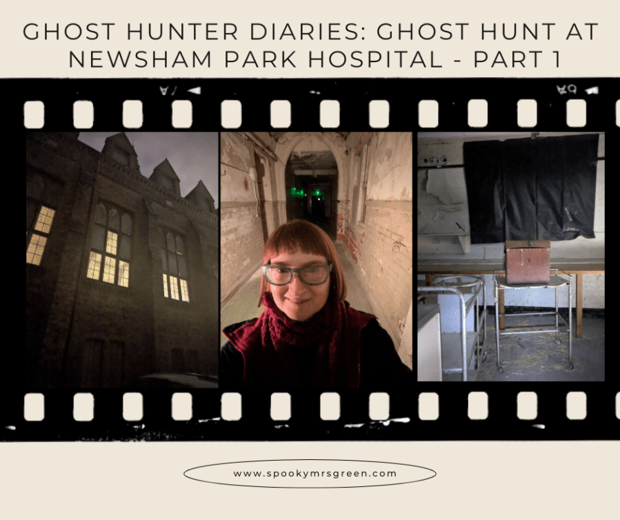 Spooky image of paranormal author Catherine Green standing in a derelict hospital corridor with darkness behind her and an eerie green light on the wall. Image of a derelict hospital taken from the outside. Image of a derelict laundry room in a hospital. Ghost Hunter Diaries: Ghost Hunt at Newsham Park Hospital - Part 1 at SpookyMrsGreen spooky family lifestyle blog.