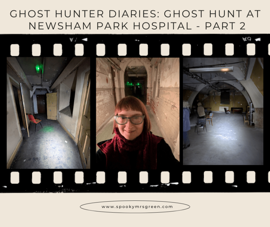 Spooky image of paranormal author Catherine Green standing in a derelict hospital corridor with darkness behind her and an eerie green light on the wall. Image of a derelict hospital room with ornate arches that make it look like the hull of a boat. Image of a derelict hospital corridor in the eaves of the building. Ghost Hunter Diaries: Ghost Hunt at Newsham Park Hospital - Part 2 at SpookyMrsGreen spooky family lifestyle blog.